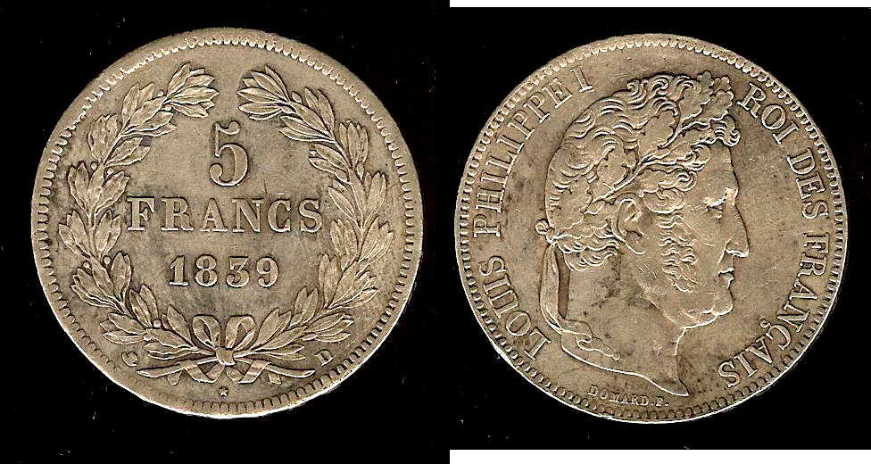 5 francs Louis Philippe 1839D EF+